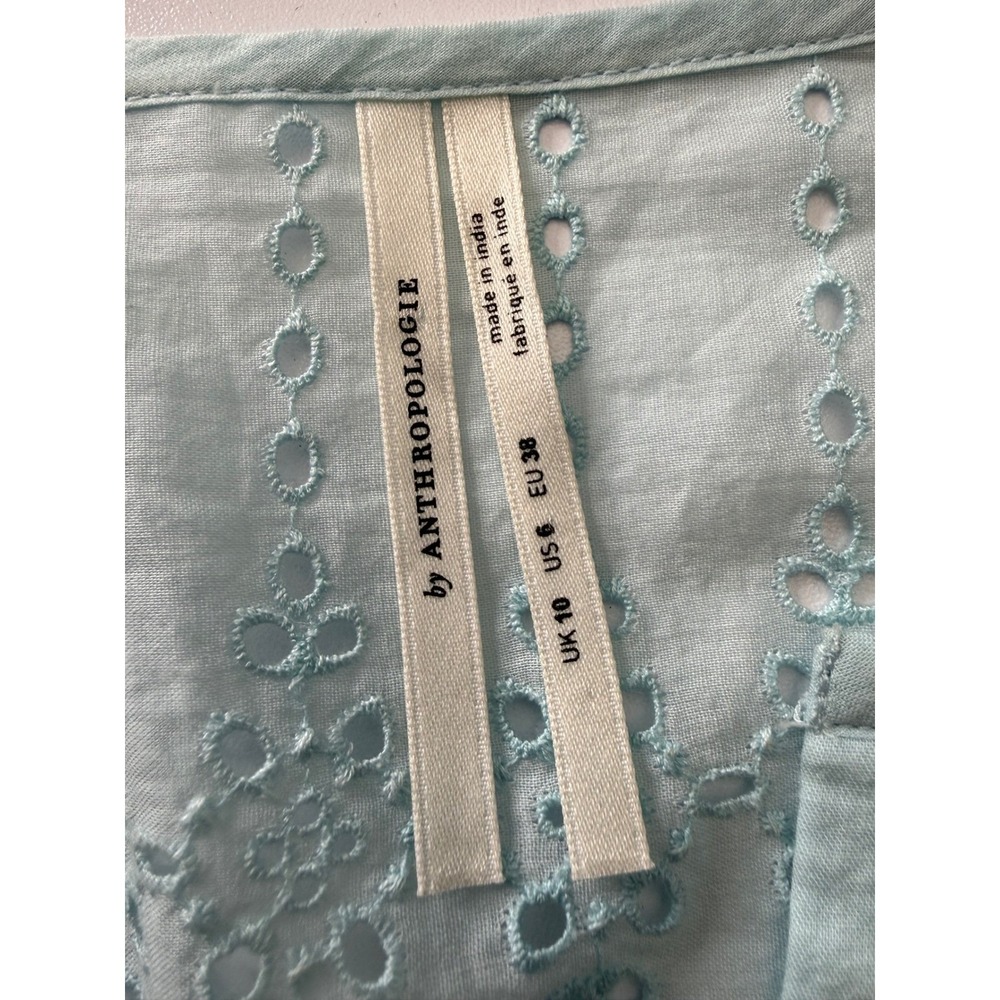Anthropologie Eyelet Mini Dress Womens Size 6 Light Blue V-Neck Long Sleeve Boho - Picture 8 of 8